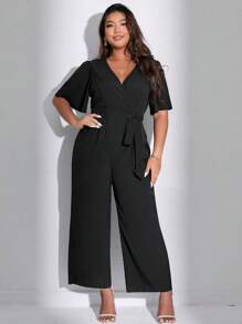SHEIN Unity Plus Size Summer Casual V-Neck Strappy Wide Leg Jumpsuit - Black - View 4