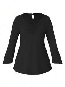 SHEIN LUNE Plus Embroidered Mesh Panel Flare Sleeve Tee - Black - View 5