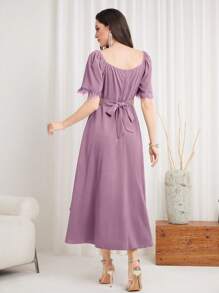 Modelyn Women's Square Neckline Short Puff Sleeve Pleated Dress - Purple - View 2