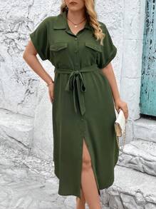 SHEIN Unity Kích thước lớn Mùa hè Màu thuần Mặt trước Nút tay cánh Đầm Midi - xanh quân đội - Xem 3