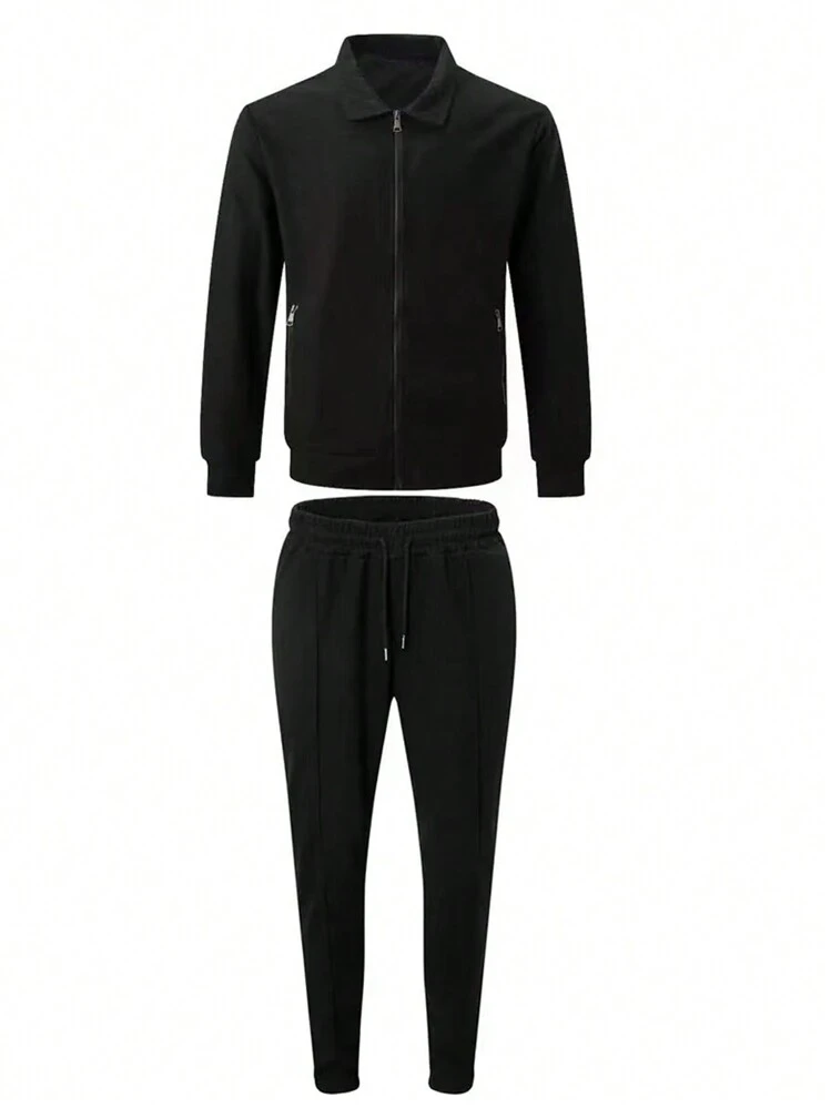 Manfinity Homme Ensemble décontracté 2 pièces pour hommes, couleur unie, vêtements d'automne - Noir - Voir 4