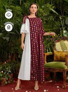 Divindia Burgundy Red Women's Full Printed Asymmetrical Neckline Style Dress