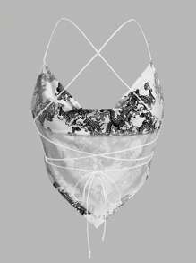 SHEIN ICON Chinese Dragon Graphic Lace Up Backless Crop Cami Y2K Top - White - View 2