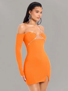 SHEIN BAE 橙色精緻的鑽石裝飾露肩和胸前透視分裂迷你優雅派對禮服 - 橘色 - 查看 6