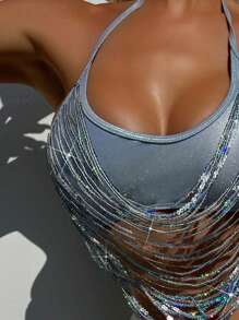 SHEIN Swim Áo bikini hở lưng thắt nơ lấp lánh cho nữ mùa hè - Bạc - Xem 5