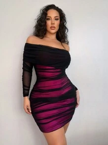 SHEIN SXY 女士大码露肩性感连衣裙 - 玫紅色 - 查看 4