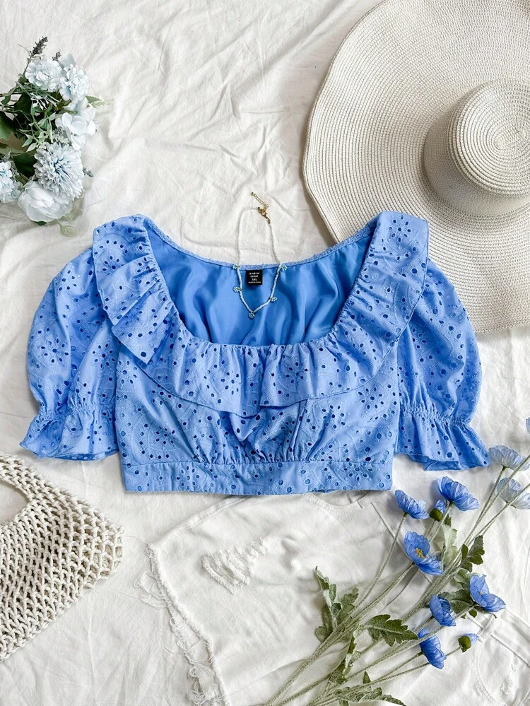 Plus Size Women's Blue Hollow-Out Embroidered Flounced Square Neck Puff Sleeve Woven Short-Length Holiday Shirt