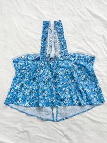 SHEIN WYWH Plus Size Women's Casual & Vacation Style Wide Strap Tank Top With Ruffle Trim And Tie-Dye Print In Blue And Floral Print, Semi-Transparent And Thigh Split Design.