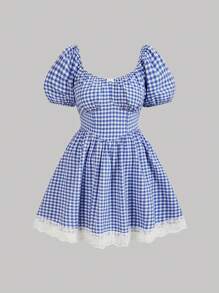 SHEIN MOD Kích thước lớn Xanh & Trắng Kẻ sọc Ren Vá lại Đúng mốt Mùa xuân/Mùa hè Đầm - Xanh và trắng - Xem 1