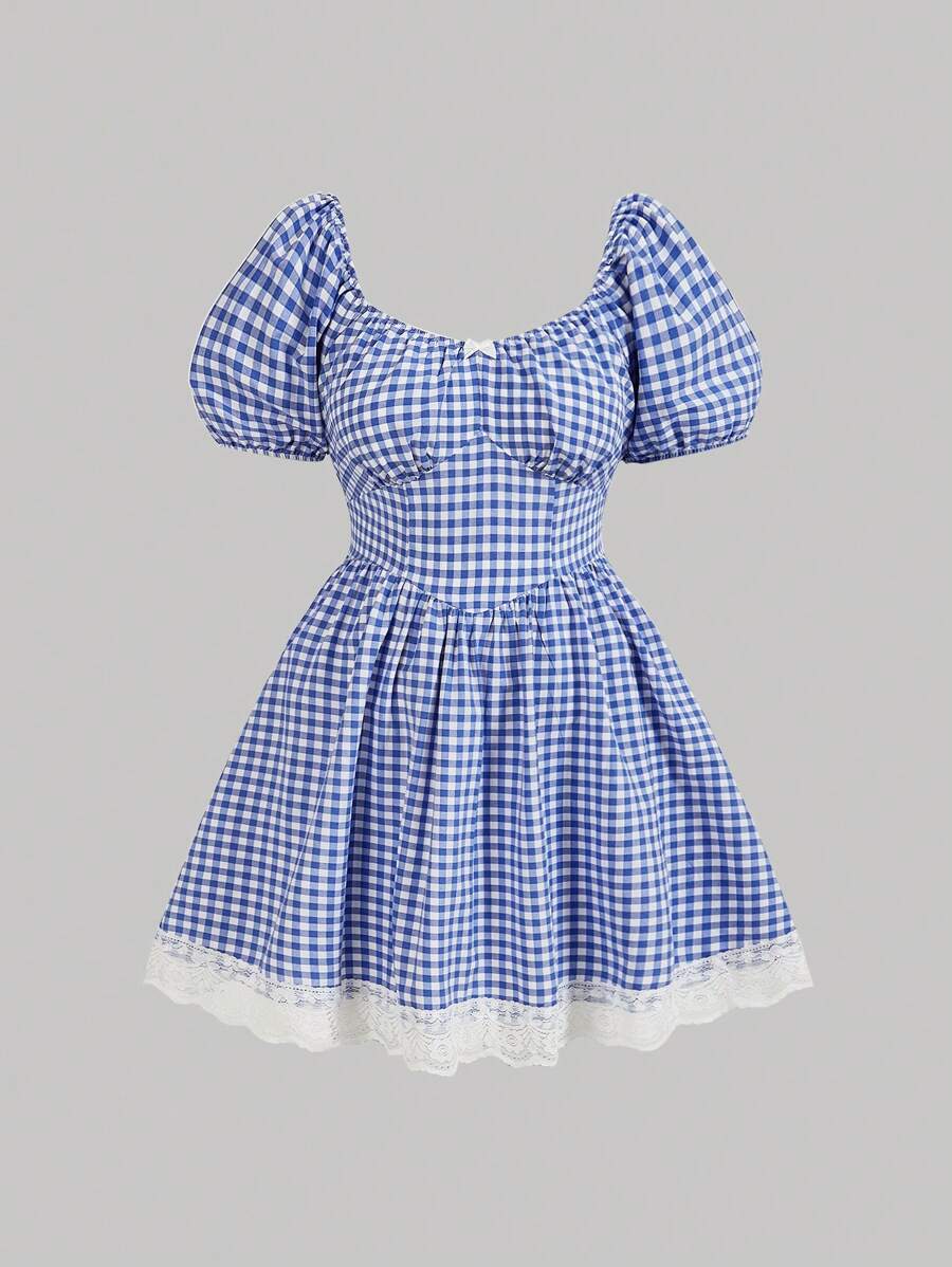 SHEIN MOD Kích thước lớn Xanh & Trắng Kẻ sọc Ren Vá lại Đúng mốt Mùa xuân/Mùa hè Đầm - Xanh và trắng - Xem 1