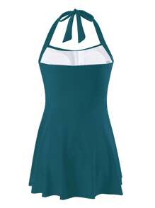SHEIN Swim 女士夏季沙灘基礎褶皺頸套裝泳裝連裙裝和泳裝底褲 - 水鴨藍 - 查看 2