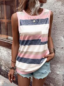 SHEIN LUNE Striped Tank Top For Summer With Pocket Front - Multicolor - View 5