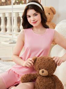 Teen Girl Màu Hồng Nhạt Đơn Giản Áo Vest Không Tay Màu Trơn Phù Hợp Với Quần Short Áo 2 Chiếc Homewear Bộ Trang Phục - Màu Hồng baby - Xem 4