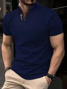 Manfinity Homme Men's Summer Short Sleeve Polo Shirt With Letter Embroidery And Stand Collar - Navy Blue - View 2