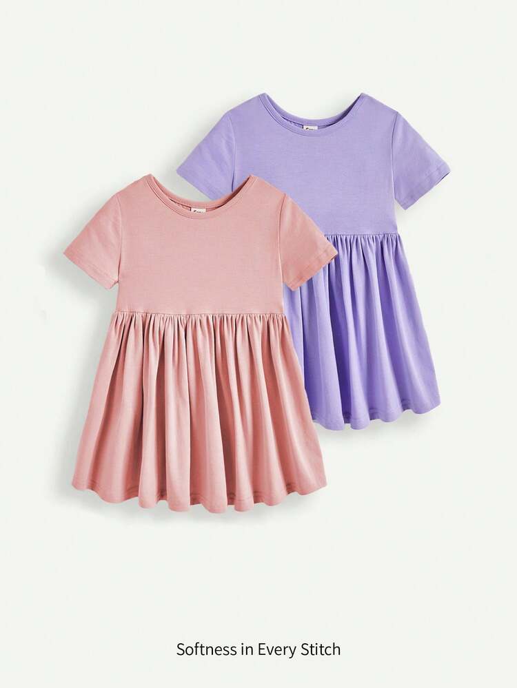 Baby Girl Solid Color Round Neck Short Sleeve A-Line Dress With Waistband, 2pcs/Set