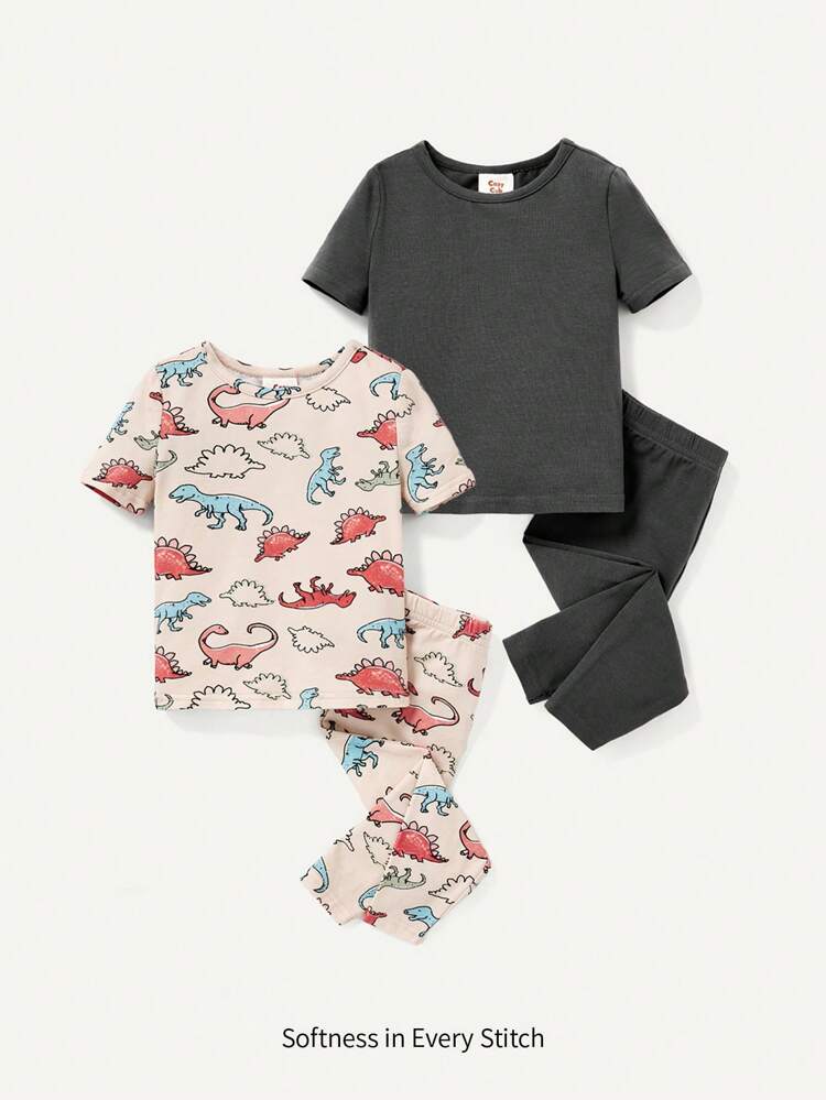 Baby Boy Snug Fit Pajama Set, Round Neck Dinosaur Pattern Short Sleeve Top, Solid Color Pants And Top, 4Pcs/Set Homewear Matching Set