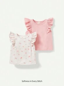 Cozy Pixies Baby Girl Floral Pattern Round Neck Top With Ruffle Trim Detail, 2pcs/Set - Multicolor - View 1