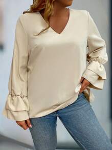 SHEIN LUNE Plus Flounce Sleeve V Neck Blouse Fall Cloth For Women - Apricot - View 3