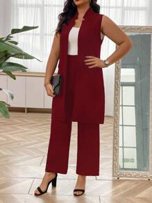 SHEIN Clasi Kích thước lớn Màu thuần Không tay Thời trang Bộ đồ Áo khoác Và Quần Bộ - Màu Đỏ Sâu - Xem 1