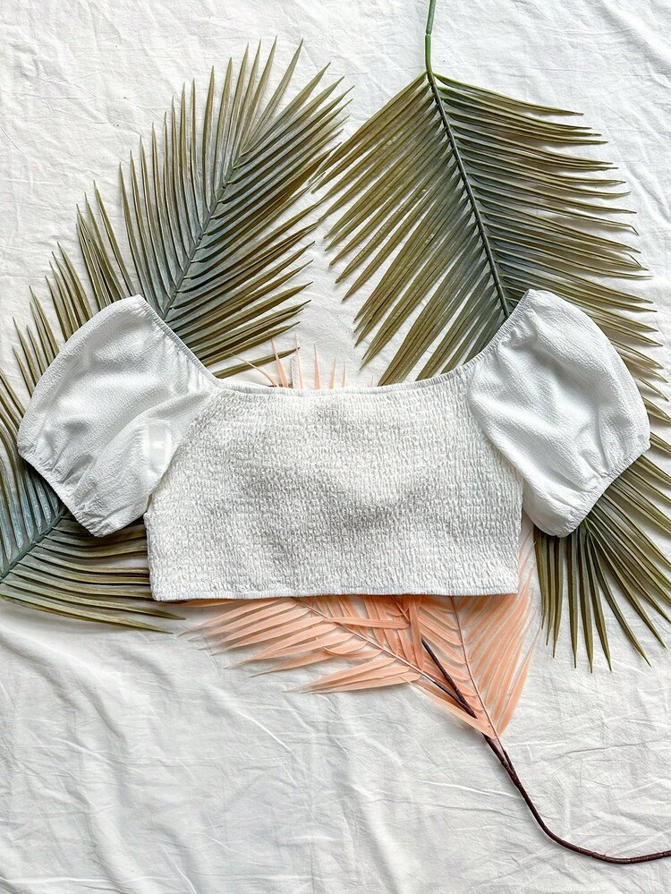 Women's Plus Size Solid Color Belted Off Shoulder Short Puff Sleeve Blouse