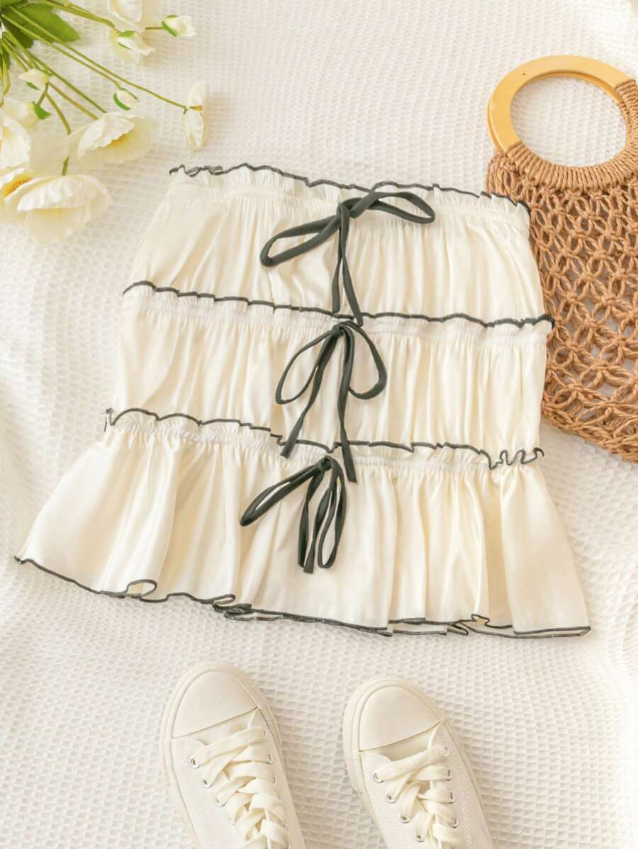 Soleia Leisure Beach Vacation Low-Rise Color Blocking Pleated Skirt - Beige - View 1