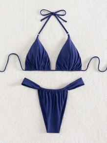 Swim Vcay Summer Beach Women's Halter Neck Solid Color Fashionable Micro Triangle Bralette And Bikini Set, Two Pieces Bikini Set - Navy Blue - View 3