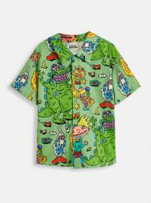 Nick 90s | SHEIN Conjunto de 2 piezas de camisa abotonada informal y pantalones cortos con diseño de dinosaurio monstruo divertido en verde para niño preadolescente - Verde - Ver 7