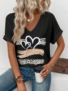 INAWLY Camiseta De Manga Corta Con Cuello En V Con Estampado De Corazones Y Leopardo
