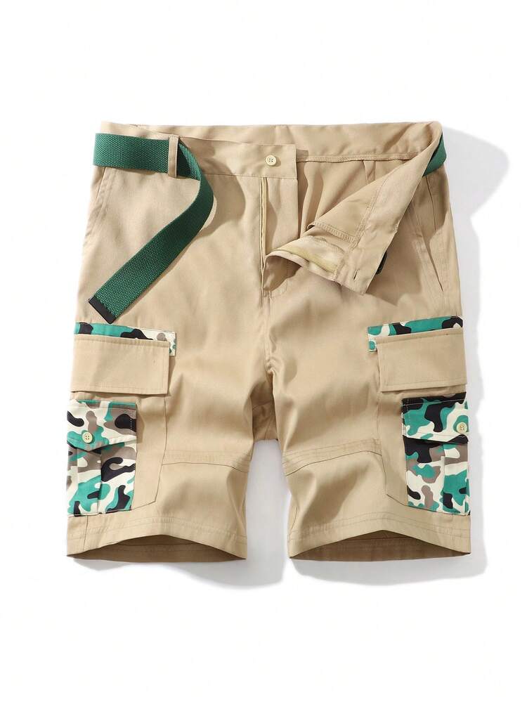 Men's Simple Camouflage & Khaki Color Block Casual Shorts For Daily Wear