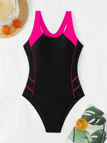 Swim SPRTY 女式拼接後背中空連身泳衣，運動風簡約款夏季海灘服飾 - 玫紅色 - 查看 5