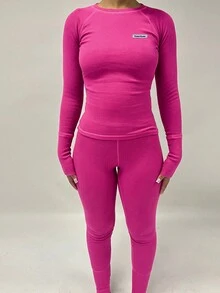 2pcs Women's Letter Pattern Raglan Sleeve Slim Fit T-Shirt And Leggings Set - Hot Pink - View 5