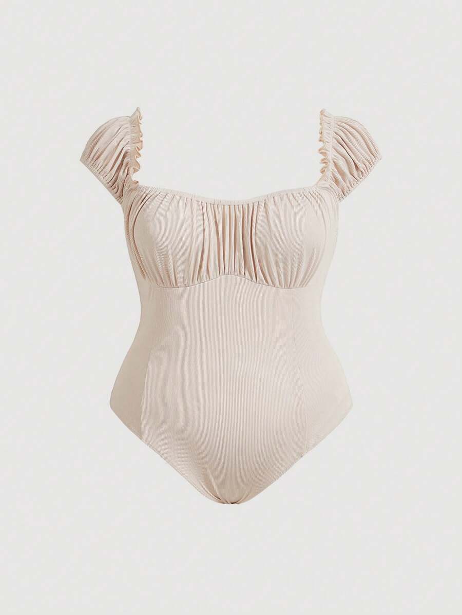 SHEIN MOD 適用於大尺碼的杏色荷葉邊連體衣 - 杏色 - 查看 1