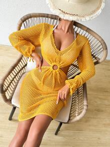 SHEIN Swim Vacation Solid Color Hollow Out Knit Cover Up Summer