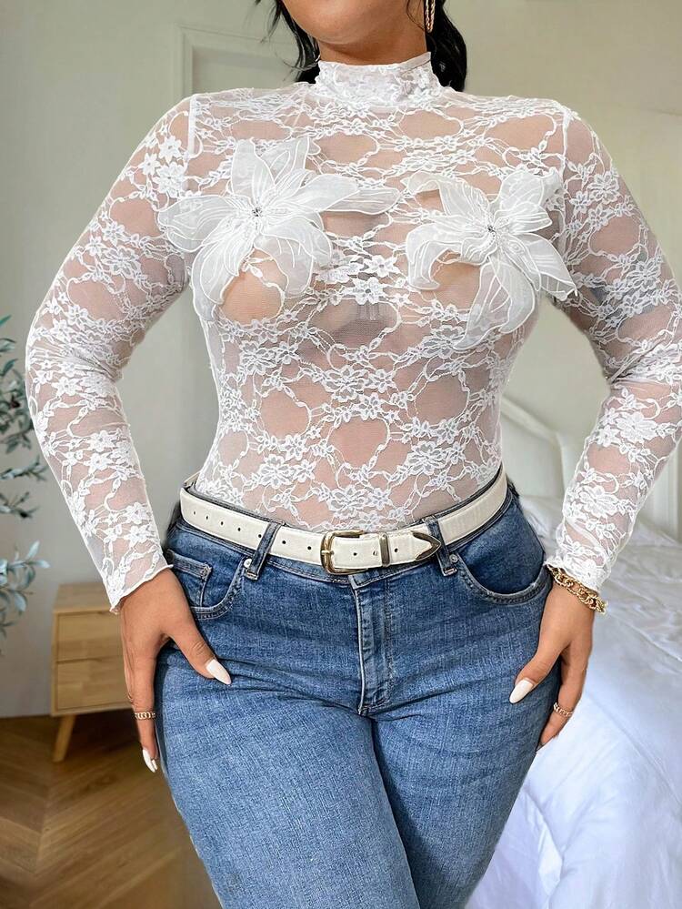 Plus Size Women's Stand Collar Lace Long Sleeve Top