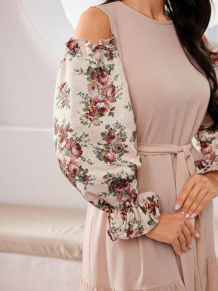 Women's Round Neckline Cold Shoulder Lantern Sleeves Belted Arabic Style Casual Dress