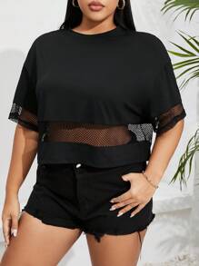 SHEIN Essnce 大码夏季网眼拼接镂空透气休闲圆领 T 短款上衣黑色运动休闲罩衫黑色 T 恤球衣黑色上衣女士上衣足球球衣，短款上衣 - 黑色 - 查看 5