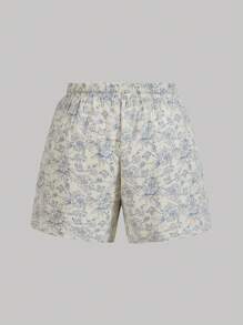 SHEIN MOD Plus Size Ladies' Blue & White Floral Print Shorts - Blue and White - View 2