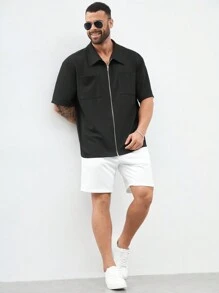 Manfinity VCAY Men's Plus Size Knitted Short Sleeve Shirt With Zipper Pocket And Lapel Collar, Baggy Plain Black Casual Shirt - Black - View 3