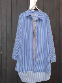 Ladies" Stylish Casual Comfortable Blue And White Striped Long Sleeve Shirt - Blue and White - View 1