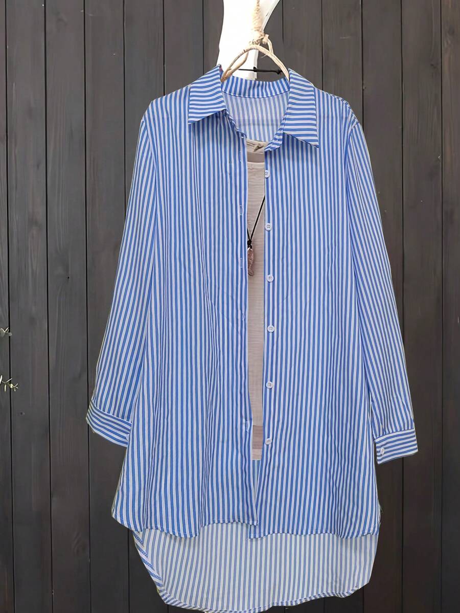 Ladies" Stylish Casual Comfortable Blue And White Striped Long Sleeve Shirt - Blue and White - View 1