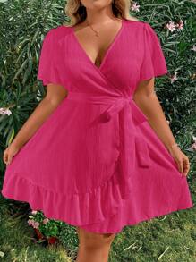 Flirla Plus Size Women's Summer Overlap V-Neck Ruffled Short Sleeve Dress Vacation Beach Outfit - Hot Pink - View 7