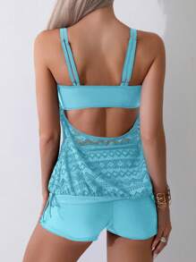 SHEIN Swim Women's Fashionable Geometric Hollow Out Drawstring Top Strap Bikini,Summer Beach