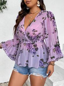 SHEIN Clasi 大碼花卉印花綁腰喇叭袖襯衫,適合夏日假期 - 紫色 - 查看 3