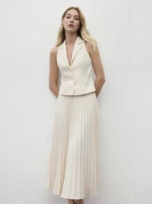 BizChic Women's Apricot Sleeveless Collared Top And White Pleated Mid-Length Skirt Set, Urban Commute Business Casual Formal Elegant Outfit In Fall/Winter
