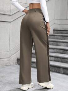 SHEIN LUNE Pantalones rectos de bloque de color para primavera/verano de uso casual con bolsillos en diagonal - Café integral - Ver 2