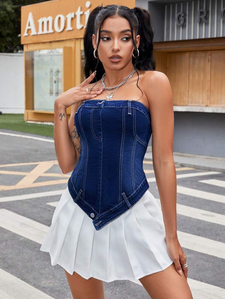 Women's Fashionable Asymmetric Hem Denim Strapless Top, Spring/Summer
