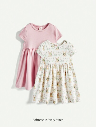 Cozy Pixies Baby Girl Knitted Soft Round Neck Short Sleeve Dress With Waist Tie, 2pcs/Set