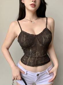 Dazy Designer Top camisola curto para mulher, cor lisa, sexy, com bainha assimétrica e decote halter - Castanho Café - Ver 7