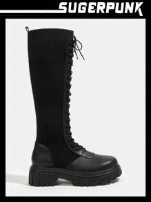 Sugerpunk Botas calcetín con plataforma y cordones delanteros para vacaciones de verano en oferta para Navidad y Año Nuevo
