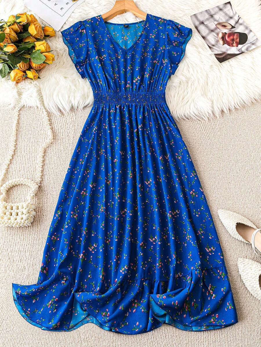 SHEIN Unity Đầm Maxi In Hoa Cổ Chữ V Cỡ Lớn Có Thắt Lưng Cho Nữ - Màu xanh lam - Xem 1